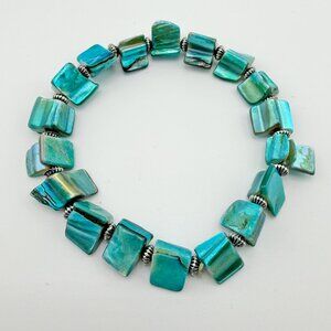 Boho Teal Abalone Shell Nugget Stretch Bracelet - Iridescent Ocean Blue